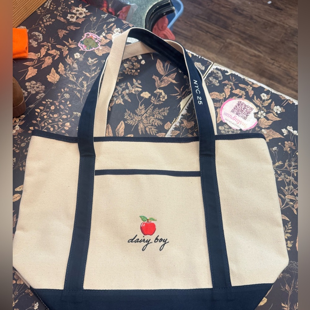Dairy Boy NYC Tote Bag Cream and Navy Canvas Tote with Embroidered Apple